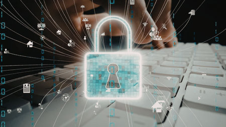 A glowing blue padlock on a keyboard, symbolizing online security and protection.
