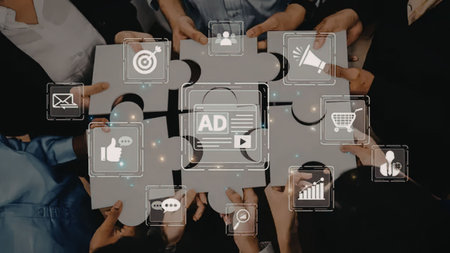 a group of people are shown from above putting together a puzzle with various ad related icons such...