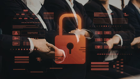 A group of businessmen in suits with a large red lock in the center, symbolizing data protection and...