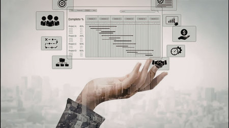 a person's hand is reaching out to touch a graph on a screen with various icons floating around it, set against a cityscape backgroundの写真素材