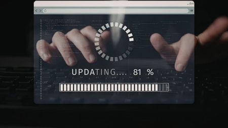 A hand is shown holding a digital screen with an updating progress bar, displaying 81% completion.