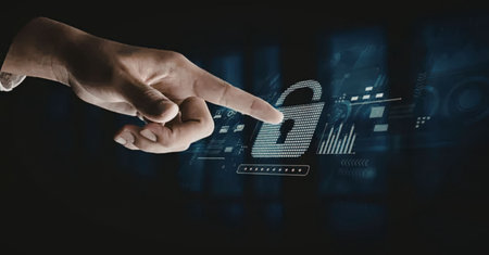 A hand is touching a digital lock screen with various graphs and charts in the background.
