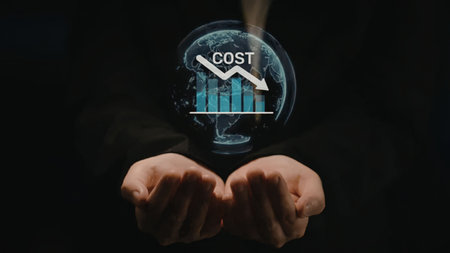 a person's hands cupped together holding a glowing blue transparent sphere with a cost chart and a...