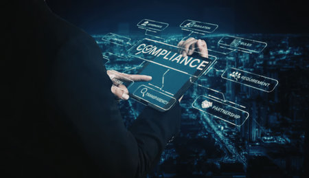 A person in a dark suit interacts with a futuristic compliance interface, with glowing blue lines and text.の写真素材