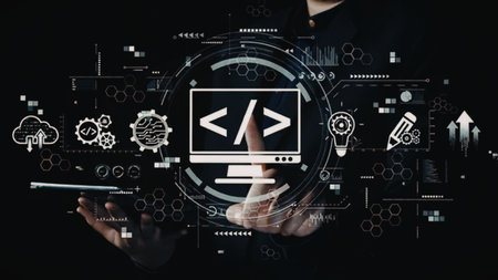 a person is shown interacting with a computer screen that displays coding symbols and various...