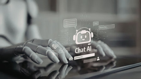 A person is shown interacting with a Chat AI interface projected on a reflective surface, with hands...