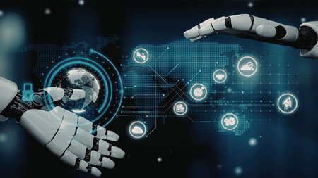 A robotic hand and a human-like robotic hand interacting with a digital interface, surrounded by...