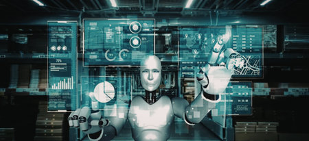 a humanoid robot with a metallic body and glowing blue lines is standing in front of a futuristic...