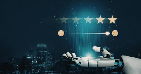 a robotic hand reaching out to a glowing rating system with a cityscape in the background, the...