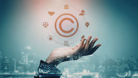 An image depicting a hand with a copyright symbol and various icons floating above it, set against a...
