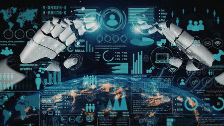 Robotic hands interact with a futuristic digital interface displaying global network and data...