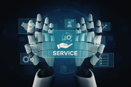 A robotic hand presenting a service interface with a blue background and various iconsの写真素材