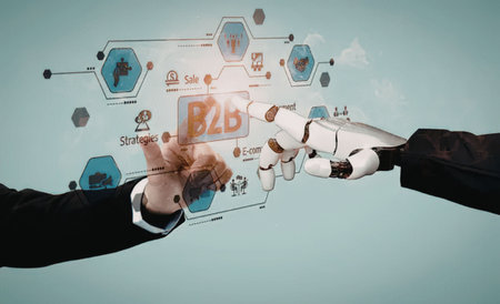 An image depicting a human hand and a robotic hand reaching out to connect with each other,...