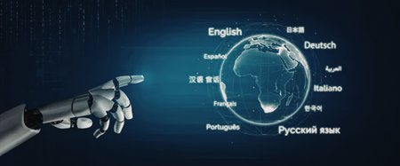 A robotic hand points to a globe with various language labels, symbolizing global communication and...