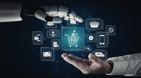An image of a robotic hand reaching out to a human hand with a blue glowing shopping cart icon and...
