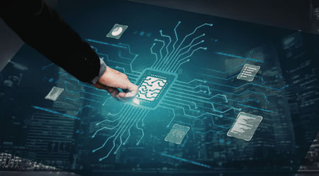 Business professional touches glowing microchip symbolizing artificial intelligence with digital...