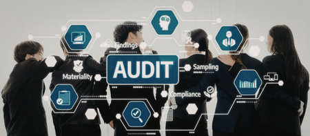 Business professionals stand together discussing audit process surrounded by related digital...