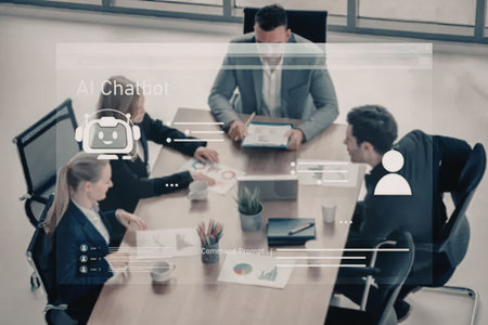 A group of business professionals sitting around a conference table with a digital interface...
