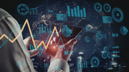Businessman analyzes complex global financial data and market performance indicators displayed on a...