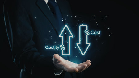 a businessman in a suit holding his hand out with a glowing blue arrow pointing up for quality and...