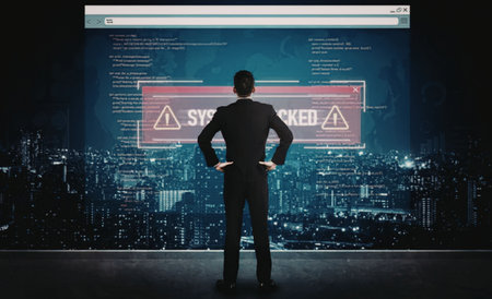 Businessman stands in front of a large screen displaying a system hacked warning, signifying a...