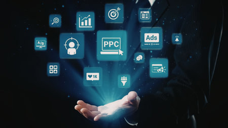 Businessman in suit holds out hand surrounded by glowing digital marketing icons symbolizing online...