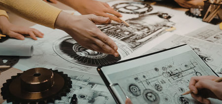 Engineers work together on a mechanical design project with technical drawings and mechanical parts...