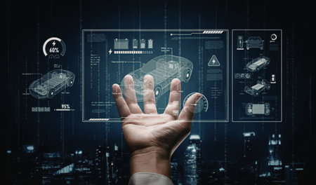 Hand interacts with futuristic transparent interface displaying car data analytics and...