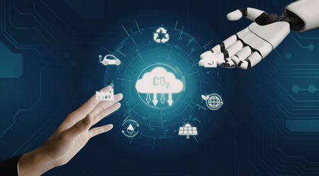 a human hand and a robotic hand reaching towards a glowing blue cloud icon surrounded by various...