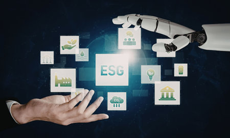 Human and robotic hands interact with glowing digital icons representing environmental social...