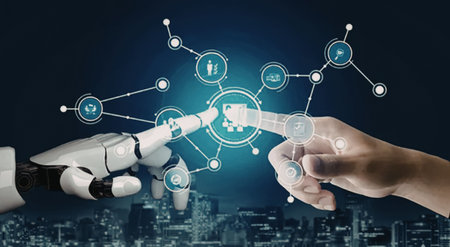 Human hand and robotic hand touch fingers amidst glowing digital network, symbolizing human machine...
