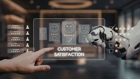 A human hand and a robotic hand interact near a virtual customer satisfaction interface displaying...