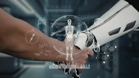 a human hand and a robotic hand are shaking or connecting with each other, surrounded by futuristic...