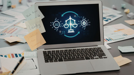 Laptop screen displays a balance scale icon amidst financial documents and sticky notes on a busy...