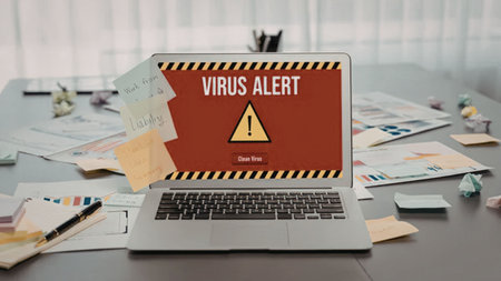 Laptop screen shows a virus alert warning with a red background and yellow danger sign in a...