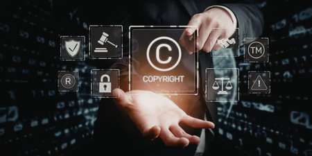 Man interacts with digital copyright icons and symbols representing intellectual property rights,...