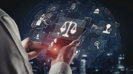 Lawyer touches a smartphone displaying the scales of justice surrounded by various legal and...