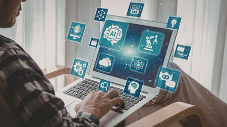 Man works on laptop surrounded by artificial intelligence icons symbolizing technology and...