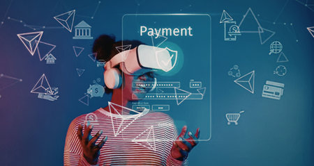 Man interacting with virtual payment interface using VR headset, surrounded by digital graphics and...