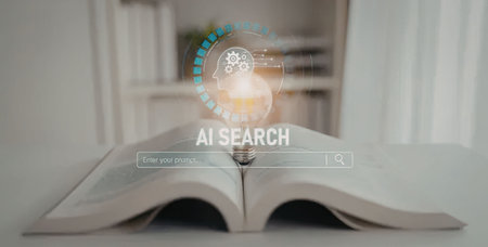 Open book with glowing lightbulb and AI search interface represents innovative information discovery...