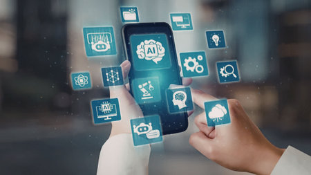 Person interacts with artificial intelligence on smartphone surrounded by futuristic digital icons...