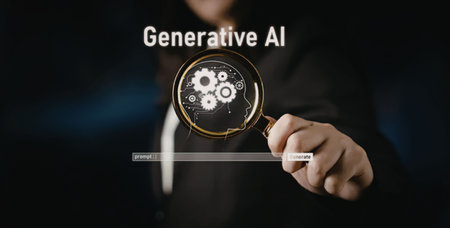 Person in suit holds magnifying glass showing gears inside a head symbolizing generative AI...