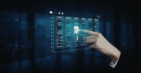 Professional man interacts with digital dashboard displaying various analytics and performance...