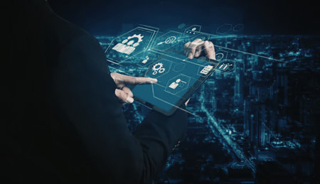 Professional interacts with a futuristic digital tablet displaying an innovative global business...