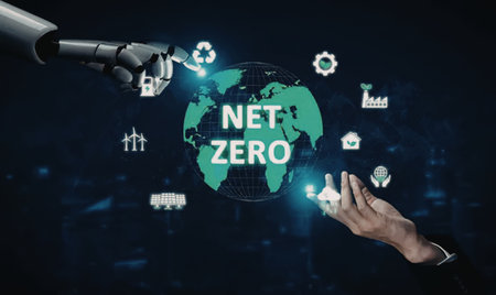 Robot hand and human hand working together to achieve net zero emissions, symbolizing collaboration...