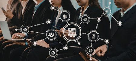 Professionals in formal attire using digital devices with interconnected icons representing business...