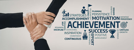 Two professionals shaking hands, surrounded by words symbolizing achievement, motivation, and...
