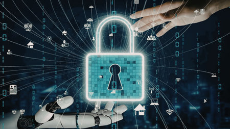 Robot hand and human hand collaborate to secure a digital lock represented by a glowing blue padlock...