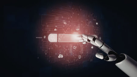 Robotic hand interacts with a digital interface surrounded by glowing red circuits and various icons...