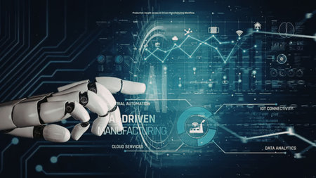 Robotic hand engages with a glowing holographic interface displaying vital information for...